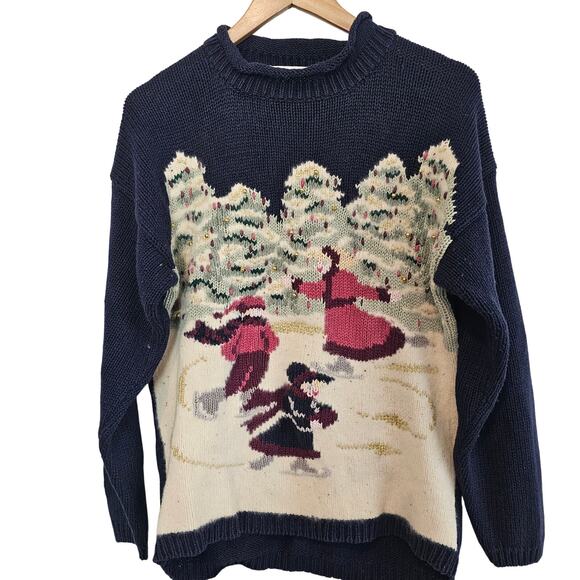 Vintage Karen Scott Christmas Sweater Women Med Blue Wool Winter Ice Skating - Picture 1 of 9
